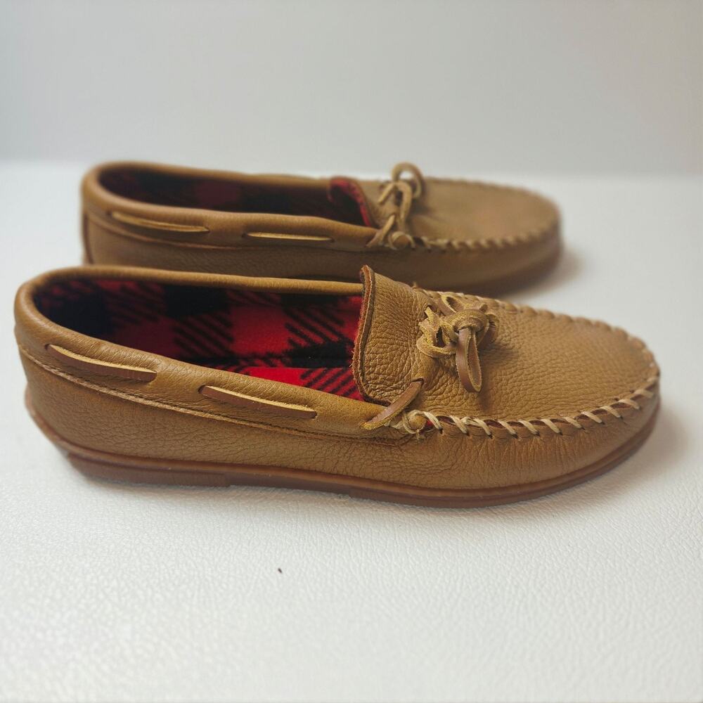 Minnetonka Slippers Mens 12 Brown Leather Moccasin Fleece Plaid Lined 3950